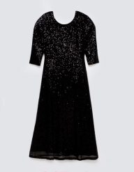 Sukienka damska midi cekinowa z rękawem 3/4 czarna Alex 906. Czarne sukienki Big Star, na imprezę, l, bez wzorów, bez kołnierzyka, bez ramiączek, midi. Za 299.99 zł.