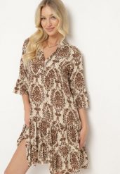 Brązowo-Beżowa Bawełniana Rozkloszowana Sukienka z Falbankami Miloa. Brązowe sukienki Born2be, na co dzień, na lato, l, bez wzorów, z bawełny, klasyczne, bez kołnierzyka, bez ramiączek, mini, proste. Za 69.99 zł.