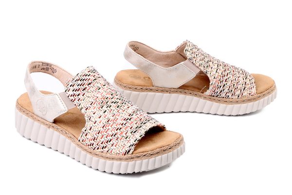 RIEKER 69276-60 beige, sandały damskie. Brązowe sandały Rieker, bez wzorów, bez obcasa, na koturnie, bez zapięcia. Za 209.93 zł.