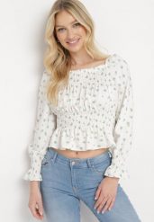 Biało-Zielona Bluzka w Stylu Boho z Gumkami w Pasie i przy Dekolcie Nerassa. Białe bluzki Born2be, bez wzorów, boho, bez kołnierzyka, bez ramiączek. W wyprzedaży za 67.99 zł.