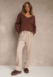 Beżowe Spodnie High Waist z Gumką i Troczkami w Pasie Rallena. Brązowe spodnie materiałowe Renee, na co dzień, l, bez wzorów, z jeansu, z podwyższonym stanem. Za 89.99 zł.