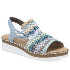 Komfortowe sandały damskie wsuwane niebieskie Rieker V1241-91. Niebieskie sandały Rieker, bez wzorów, z materiału, bez obcasa, bez zapięcia. Za 319.00 zł.