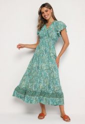 Zielona Rozkloszowana Kopertowa Sukienka z Bawełny o Wzorze Paisley z Gumką w Talii Zonne. Zielone sukienki Born2be, na co dzień, na lato, l, bez wzorów, z bawełny, eleganckie, bez kołnierzyka, bez ramiączek, mini, kopertowe. Za 49.99 zł.