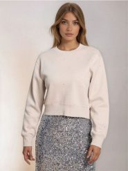 Krótka bluza crewneck z cyrkoniami - beżowy. Brązowe bluzy Sinsay, l, bez wzorów, bez kaptura. Za 49.99 zł.