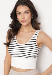 Biało-Czarny Tank Top w Paski z Prążkowanej Tkaniny Sesillia. Białe topy Born2be, s, bez wzorów, z jeansu, bez kołnierzyka, bez ramiączek. Za 19.99 zł.