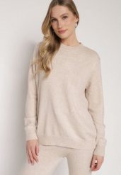 Beżowy Casualowy Sweter z Wełną i Bawełną Nedalla. Brązowe swetry Born2be, bez wzorów, z bawełny, bez ramiączek. Za 59.99 zł.