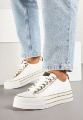 Biało-Złote Casualowe Trampki na Grubej Podeszwie Peliren. Białe trampki Born2be, z aplikacjami, z jeansu, bez zapięcia. Za 79.99 zł.