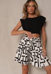 Czarno-Białe Szorty z Wiskozy High Waist Ozdobione Geometrycznym Wzorem Lirazea. Czarne szorty Renee, bez wzorów, z wiskozy, z podwyższonym stanem. Za 44.99 zł.