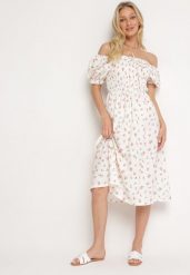 Biało-Różowa Rozkloszowana Sukienka w Kwiaty Typu Hiszpanka z Marszczonym Dekoltem Blueria. Białe sukienki Born2be, na co dzień, na lato, s, bez wzorów, eleganckie, bez kołnierzyka, bez ramiączek, midi, rozkloszowane. Za 69.99 zł.