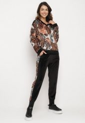 Brązowo-Czarny Welurowy Komplet Dresowy w Panterkę Bluza i Spodnie z Lampasami oraz Gumką w Pasie Ivalethe. Brązowe bluzy Born2be, bez wzorów, z dresówki, bez kaptura. Za 89.99 zł.