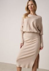 Beżowa Dzianinowa Sukienka z Wiskozą o Nietoperzowym Kroju z Dekoltem w Łódkę Tisan. Brązowe sukienki Born2be, na co dzień, m, bez wzorów, z dzianiny, bez kołnierzyka, bez ramiączek, midi. Za 169.99 zł.