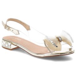 Sandały damskie S.Barski, z przezroczystym paskiem ozdobna kokarda pasek z regulacją niski obcas elegancki styl, złote, MR61-9004. Żółte sandały S.BARSKI, z aplikacjami, eleganckie, bez obcasa, na obcasie, bez zapięcia. Za 199.00 zł.