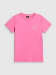 4F T-shirt regular z nadrukiem damski - różowy XL. Czerwone t-shirty 4f, xl, bez wzorów, z bawełny, bez kołnierzyka, bez ramiączek. Za 59.99 zł.