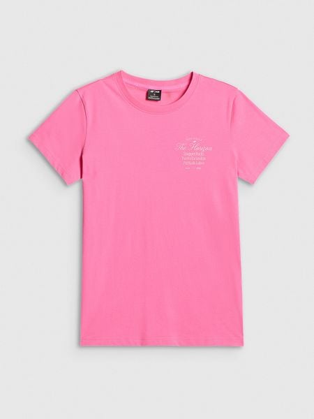 4F T-shirt regular z nadrukiem damski - różowy L. Czerwone t-shirty 4f, l, bez wzorów, z bawełny, bez kołnierzyka, bez ramiączek. W wyprzedaży za 39.99 zł.