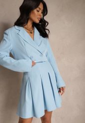 Niebieska Plisowana Spódnica High Waist o Rozkloszowanym Kroju Redilsa. Niebieskie spódnice Renee, na spotkanie biznesowe, l, bez wzorów, eleganckie, mini, plisowane. Za 64.99 zł.
