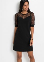 Sukienka z koronkową wstawką. Czarne sukienki bonprix, bez wzorów, z koronki, eleganckie, bez kołnierzyka, bez ramiączek. Za 109.99 zł.