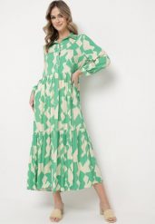 Zielono-Beżowa Rozkloszowana Sukienka Maxi Koszulowa z Geometrycznym Wzorem Pholimena. Zielone sukienki Born2be, na co dzień, l, bez wzorów, bez kołnierzyka, bez ramiączek, maxi, koszulowe. Za 84.99 zł.