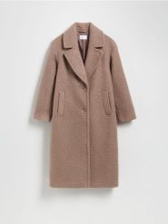 Płaszcz z tkaniny boucle - brązowy. Brązowe płaszcze Reserved, l, bez wzorów, z tkaniny, bez kaptura. Za 279.99 zł.