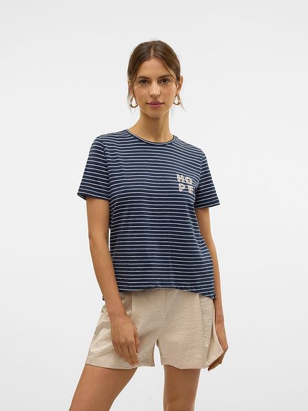 Vero Moda Koszulka "Simone" w kolorze granatowym rozmiar: XS. Niebieskie bluzki Vero Moda, xs, bez wzorów, z bawełny, bez kołnierzyka, bez ramiączek. Za 33.68 zł.
