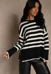 Czarno-Biały Sweter Oversize w Paski Kalitusa. Białe swetry Renee, bez wzorów, z jeansu, bez ramiączek. Za 64.99 zł.