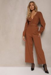 Brązowy Kopertowy Kombinezon z Bawełny z Dodatkowym Paskiem i Gumką w Talii Rinnarela. Brązowe sukienki Renee, na co dzień, l, bez wzorów, z bawełny, eleganckie, bez kołnierzyka, bez ramiączek, kopertowe. Za 109.99 zł.
