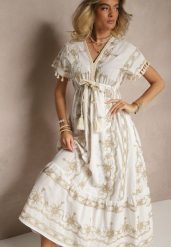 Biała Rozkloszowana Sukienka Boho z Bawełny z Chwostami Haftami i Metaliczną Nicią Divirna. Białe sukienki Renee, na imprezę, na lato, l, z aplikacjami, z bawełny, boho, bez kołnierzyka, bez ramiączek, maxi, rozkloszowane. Za 169.99 zł.