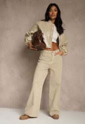 Beżowe Jeansy High Waist Wide Leg Meorise. Brązowe jeansy Renee, l, bez wzorów, z podwyższonym stanem. Za 99.99 zł.