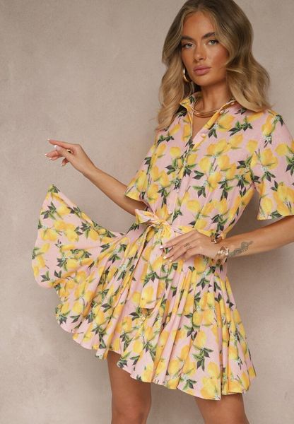 Różowa Rozkloszowana Sukienka Koszulowa z Wiązanym Paskiem i Krótkim Rękawem Lavialane. Czerwone sukienki Renee, na co dzień, l, bez wzorów, eleganckie, bez kołnierzyka, bez ramiączek, mini, koszulowe. Za 159.99 zł.