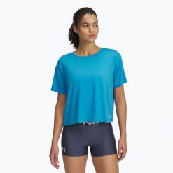 Koszulka treningowa damska Under Armour Motion ether blue/white. Niebieskie bluzki Under Armour, bez wzorów, sportowe, bez kołnierzyka, bez ramiączek. Za 109.99 zł.