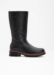 Kozaki. Czarne kozaki bonprix, na zimę, bez obcasa, bez zapięcia. Za 159.99 zł.