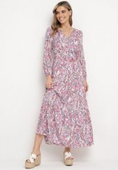 Biało-Różowa Wiskozowa Sukienka z Kopertowym Dekoltem i Materiałowym Paskiem z Gumką w Pasie Fiarina. Czerwone sukienki Born2be, na imprezę, l, bez wzorów, z materiału, klasyczne, bez kołnierzyka, bez ramiączek, maxi, kopertowe. Za 59.99 zł.