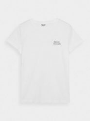 4F T-shirt slim z nadrukiem damski - biały XS. Białe t-shirty 4f, xs, bez wzorów, z bawełny, bez kołnierzyka, bez ramiączek. W wyprzedaży za 29.99 zł.