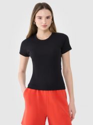 4F T-shirt slim z prążkowanej dzianiny damski - czarny XXL. Czarne t-shirty 4f, xs, bez wzorów, z bawełny, bez kołnierzyka, bez ramiączek. W wyprzedaży za 39.99 zł.