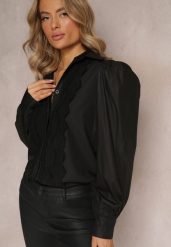 Czarna Koszula z Haftowanego Materiału z Kołnierzykiem i Guzikami Helminave. Czarne koszule Renee, m, bez wzorów, eleganckie, bez kołnierzyka, bez ramiączek. Za 119.99 zł.