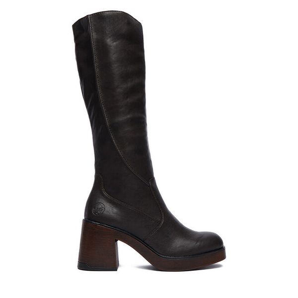 Kozaki Rieker. Brązowe kozaki Rieker, bez obcasa, na słupku, bez zapięcia. Za 429.99 zł.