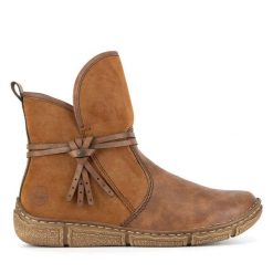 Botki Rieker. Brązowe botki Rieker, bez wzorów, bez obcasa, na płaskiej podeszwie, bez zapięcia. Za 251.99 zł.