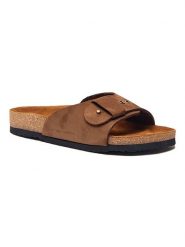 Comfortfusse Skórzane klapki w kolorze beżowym rozmiar: 35. Brązowe klapki Comfortfüße, bez wzorów, z nubiku, z otwartym noskiem, bez obcasa. Za 189.29 zł.