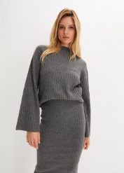Sweter w strukturalny wzór. Czarne swetry bonprix, bez wzorów, bez ramiączek. Za 114.99 zł.