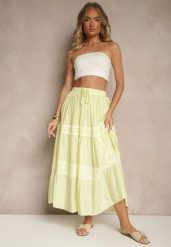 Żółta Rozkloszowana Spódnica z Wiskozą Zdobiona Koronką Bannela. Żółte spódnice Renee, na co dzień, m, z aplikacjami, z koronki, eleganckie, maxi, dopasowane. Za 89.99 zł.