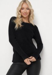 Czarny Sweter z Puchatej Dzianiny Valen. Czarne swetry Born2be, na zimę, m, bez wzorów, z dzianiny, bez ramiączek. Za 84.99 zł.