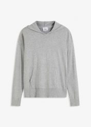Bluza dzianinowa z kapturem i kieszonką kangurką, z materiału z domieszką wiskozy. Szare bluzy bonprix, bez wzorów, z dzianiny, z kapturem. Za 149.99 zł.