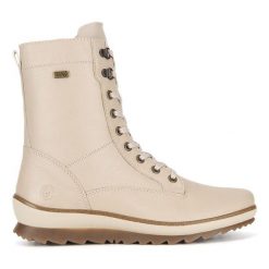 Trzewiki Remonte. Brązowe botki Remonte, bez wzorów, bez obcasa, na płaskiej podeszwie, bez zapięcia. Za 321.99 zł.