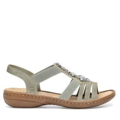 Sandały Rieker. Zielone sandały Rieker, bez wzorów, bez obcasa, na płaskiej podeszwie, bez zapięcia. Za 289.99 zł.