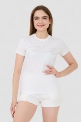 KARL LAGERFELD Biały damski t-shirt Rhinestone Logo, Rozmiar XS. Białe t-shirty KARL LAGERFELD, xs, bez wzorów, bez kołnierzyka, bez ramiączek. W wyprzedaży za 239.99 zł.