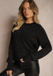 Czarny Sweter z Wiskozą Ozdobiony Metaliczną Nicią Lialicia. Czarne swetry Renee, na zimę, bez wzorów, z wiskozy, bez ramiączek. Za 59.99 zł.