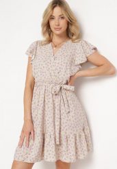 Beżowa Sukienka w Kwiatki z Gumką w Pasie i Materiałowym Paskiem Ozdobiona Falbanką Monnesa. Brązowe sukienki Born2be, l, bez wzorów, z bawełny, eleganckie, bez kołnierzyka, bez ramiączek, mini. Za 39.99 zł.