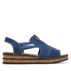 Sandały Rieker. Niebieskie sandały Rieker, bez wzorów, bez obcasa, na koturnie, bez zapięcia. Za 259.99 zł.