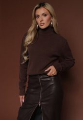 Brązowy Golf z Wełną i Wiskozą Olmeze. Brązowe golfy Renee, bez wzorów, z wełny, bez ramiączek. Za 129.99 zł.