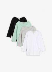 Bluzka z rękawem 3/4 (4 szt. w zestawie). Czarne bluzki bonprix, bez wzorów, bez kołnierzyka, bez ramiączek. Za 139.99 zł.