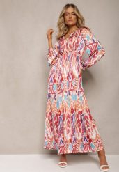 Bordowa Rozkloszowana Sukienka z Elastyczną Gumką w Talii w Stylu Boho Mizza. Czerwone sukienki Renee, na imprezę, l, bez wzorów, boho, bez kołnierzyka, bez ramiączek, maxi, dopasowane. Za 139.99 zł.